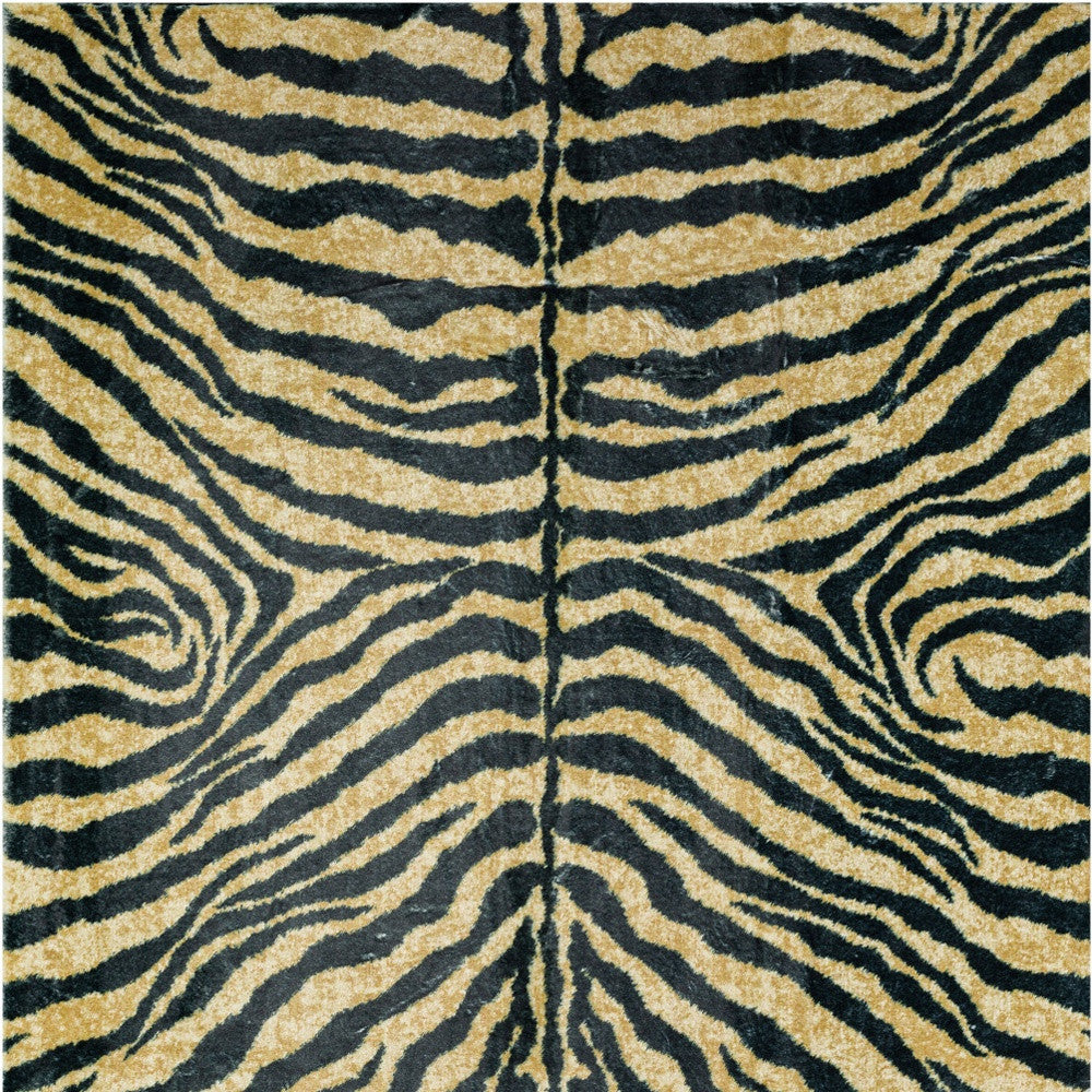 8' X 8' Black and Gold Round Animal Print Shag Handmade Non Skid Area Rug