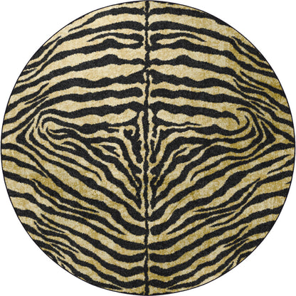 8' X 8' Black and Gold Round Animal Print Shag Handmade Non Skid Area Rug