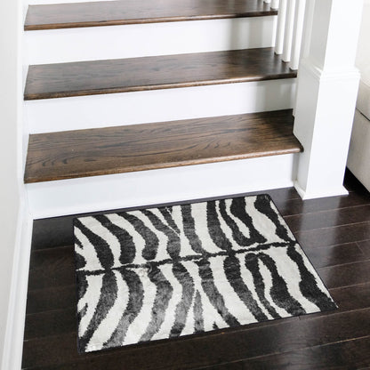 2' X 3' Black and White Zebra Print Shag Handmade Non Skid Area Rug