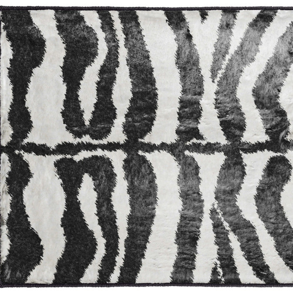 2' X 3' Black and White Zebra Print Shag Handmade Non Skid Area Rug