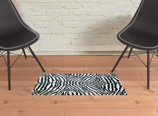 2' X 3' Black and White Zebra Print Shag Handmade Non Skid Area Rug