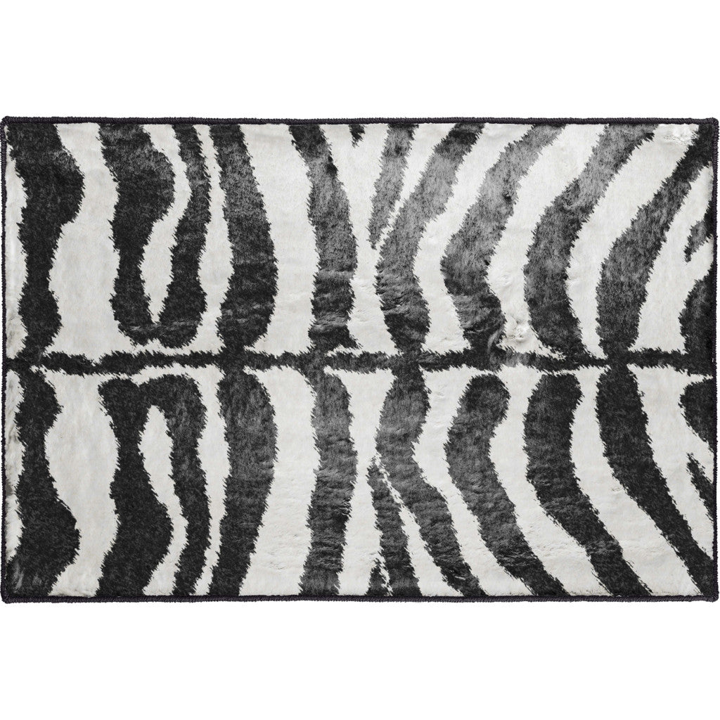 2' X 3' Black and White Zebra Print Shag Handmade Non Skid Area Rug