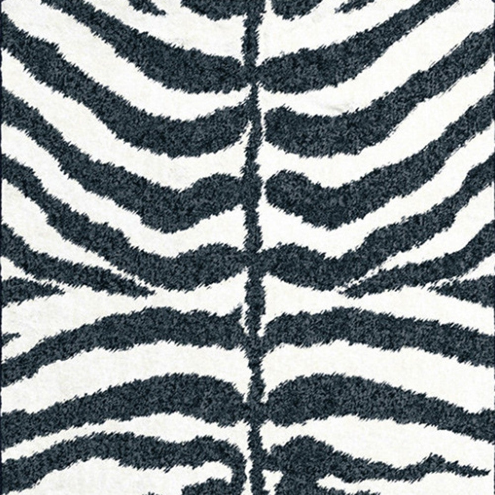 3' X 8' Black and White Zebra Print Shag Handmade Non Skid Runner Rug