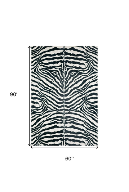 5' X 8' Black and White Zebra Print Shag Handmade Non Skid Area Rug