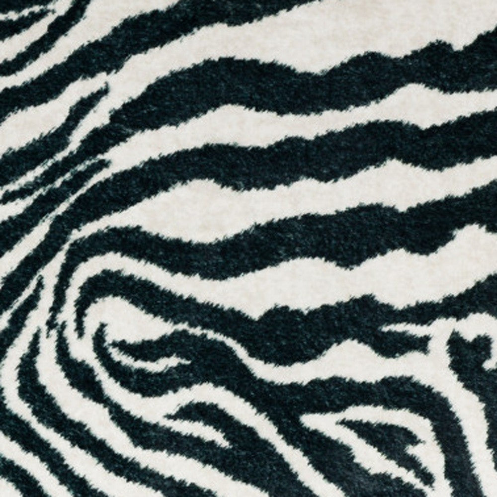 5' X 8' Black and White Zebra Print Shag Handmade Non Skid Area Rug