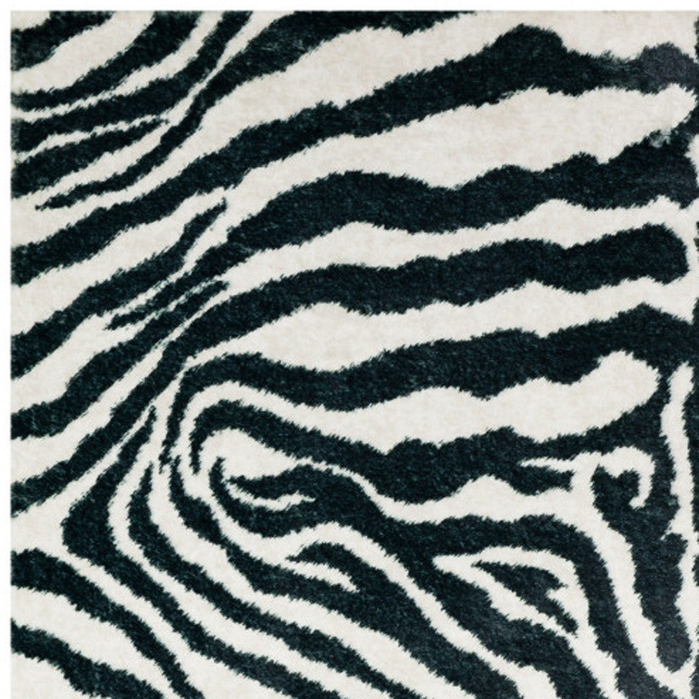 5' X 8' Black and White Zebra Print Shag Handmade Non Skid Area Rug