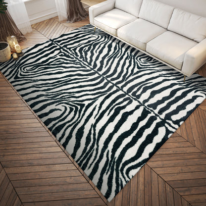 8' X 10' Black and White Zebra Print Shag Handmade Non Skid Area Rug