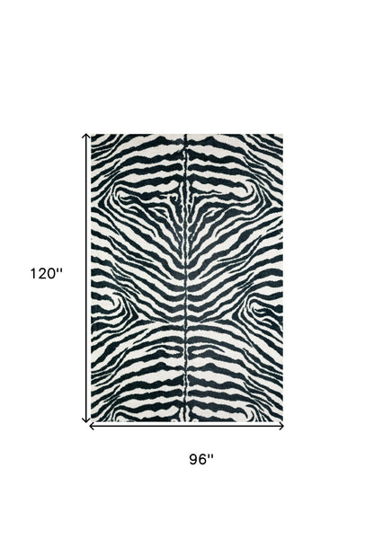 8' X 10' Black and White Zebra Print Shag Handmade Non Skid Area Rug