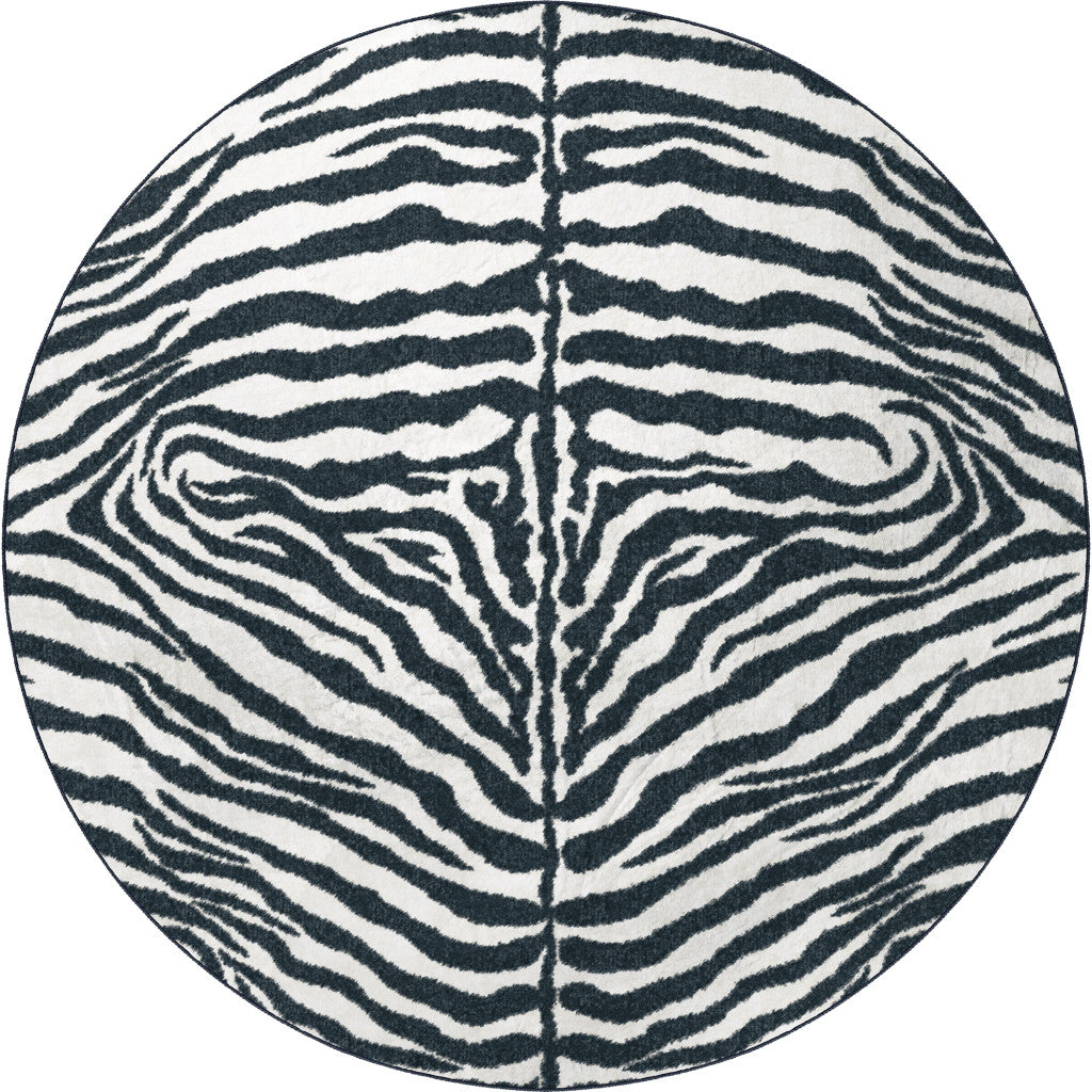 8' X 8' Black and White Zebra Print Round Shag Handmade Non Skid Area Rug