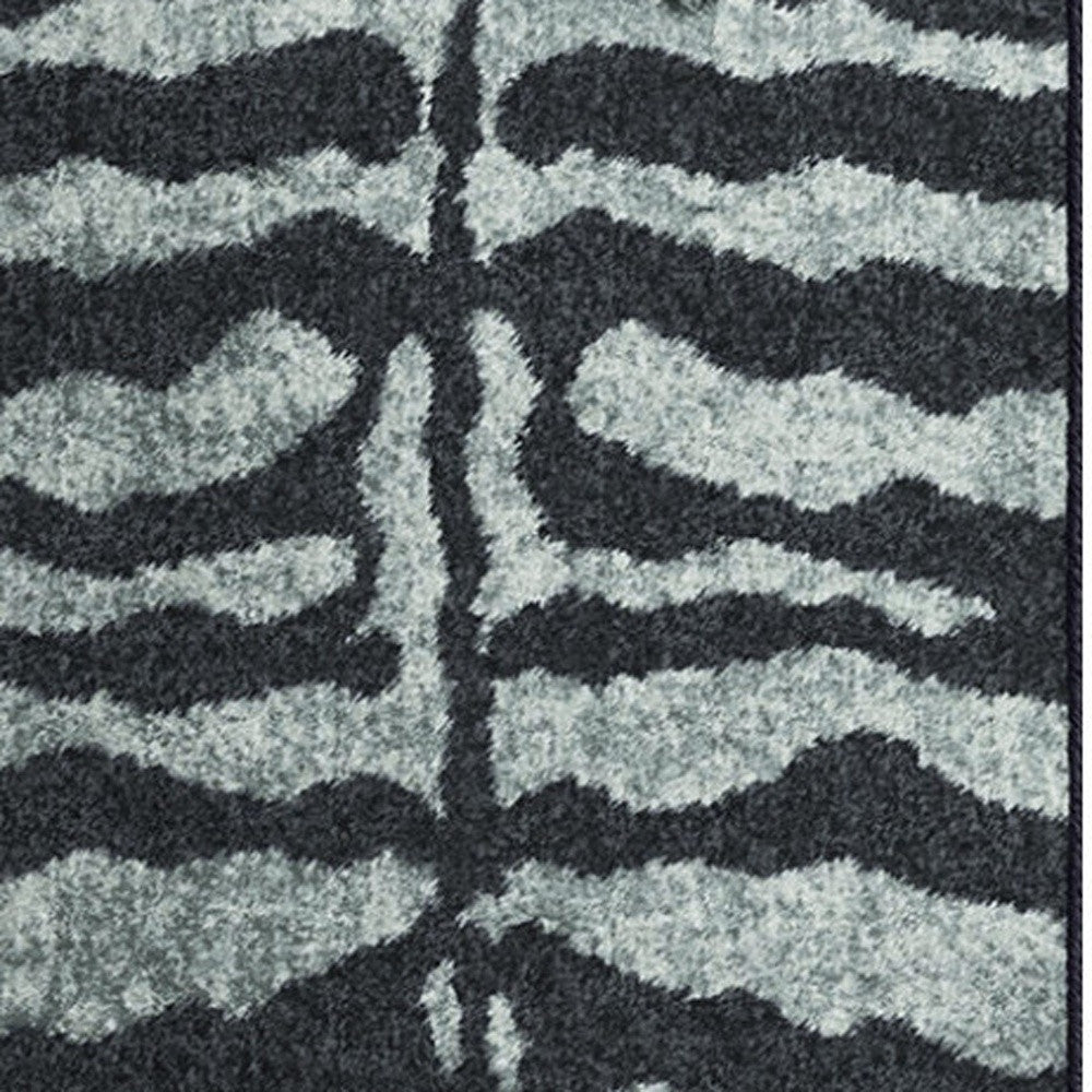 2' X 8' Black and Gray Zebra Print Shag Handmade Non Skid Runner Rug