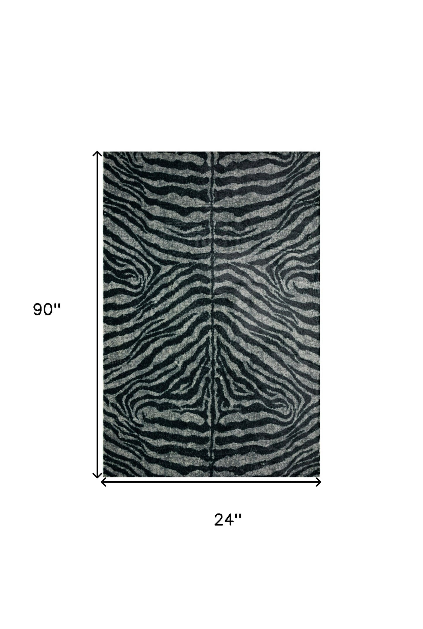 2' X 8' Black and Gray Zebra Print Shag Handmade Non Skid Runner Rug