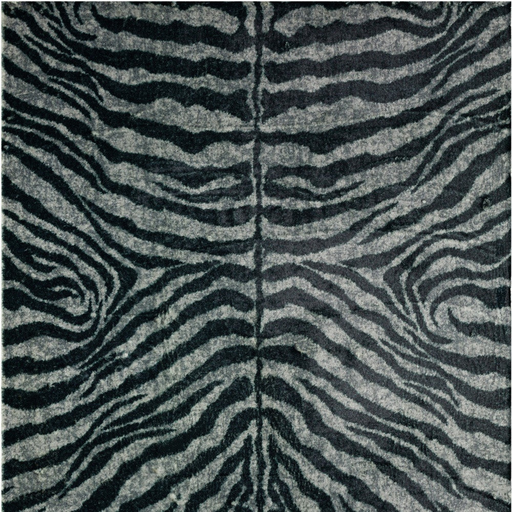 2' X 8' Black and Gray Zebra Print Shag Handmade Non Skid Runner Rug