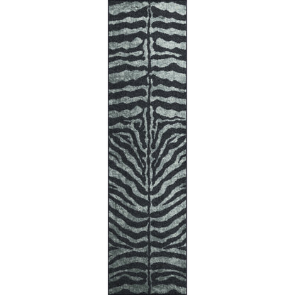 2' X 8' Black and Gray Zebra Print Shag Handmade Non Skid Runner Rug