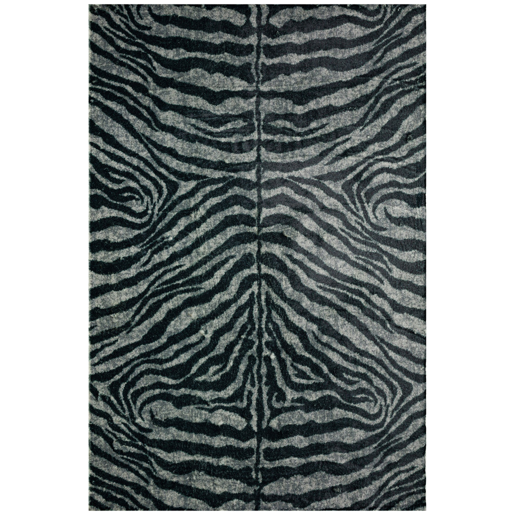 5' X 8' Black and Gray Zebra Print Shag Handmade Non Skid Area Rug