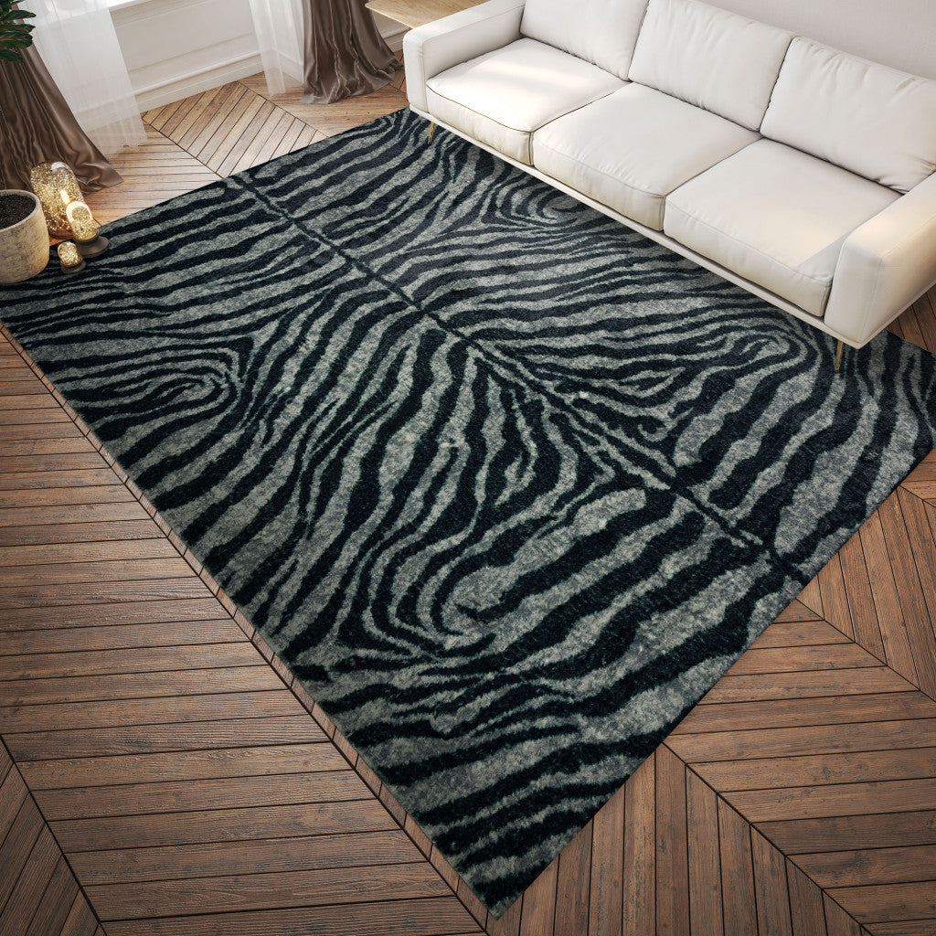 8' X 10' Black and Gray Zebra Print Shag Handmade Non Skid Area Rug