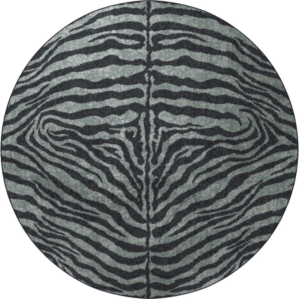 8' X 8' Black and Gray Round Zebra Print Shag Handmade Non Skid Area Rug