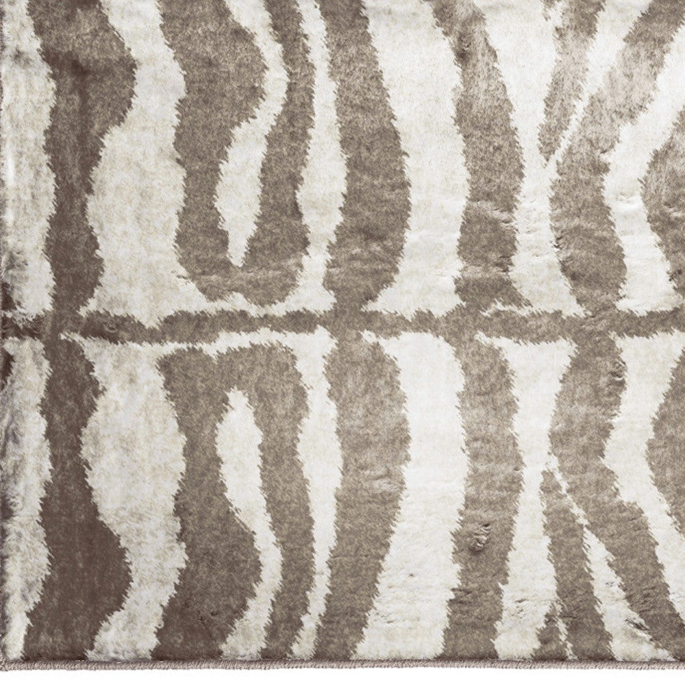 2' X 3' Mocha and Cream Zebra Print Shag Handmade Non Skid Area Rug