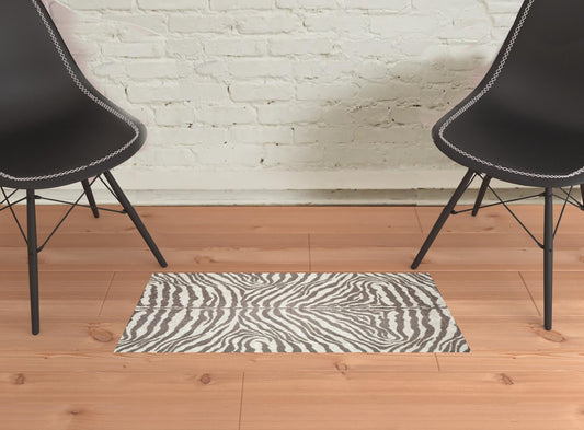 2' X 3' Mocha and Cream Zebra Print Shag Handmade Non Skid Area Rug