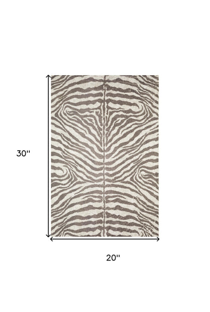 2' X 3' Mocha and Cream Zebra Print Shag Handmade Non Skid Area Rug