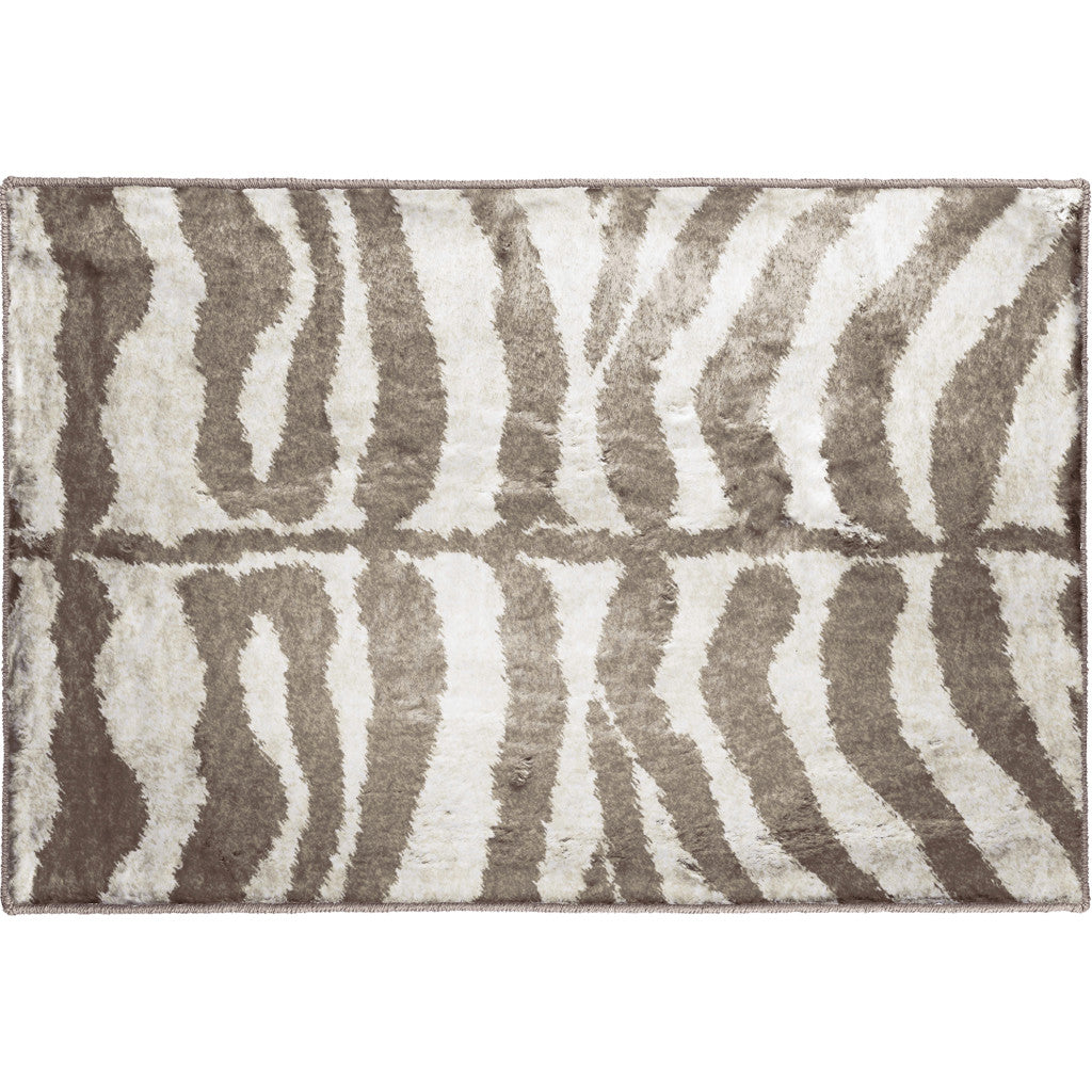 2' X 3' Mocha and Cream Zebra Print Shag Handmade Non Skid Area Rug