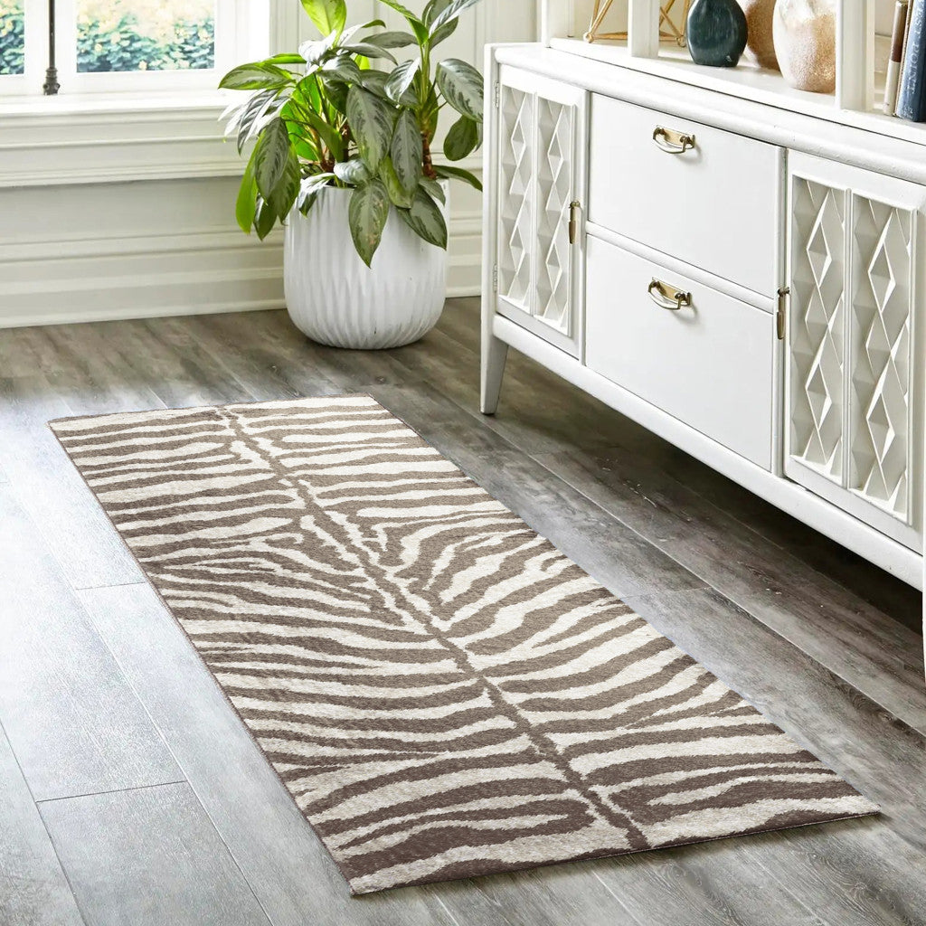 2' X 8' Mocha and Cream Zebra Print Shag Handmade Non Skid Runner Rug