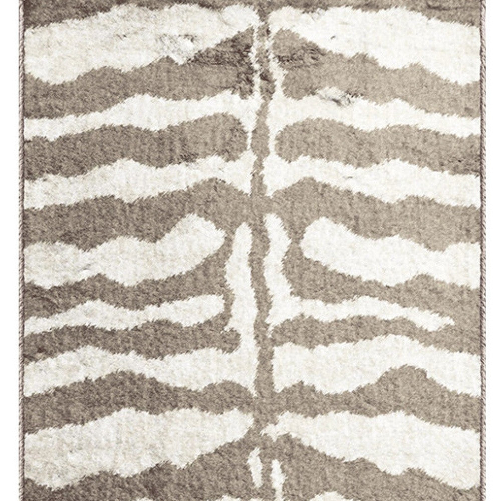 2' X 8' Mocha and Cream Zebra Print Shag Handmade Non Skid Runner Rug