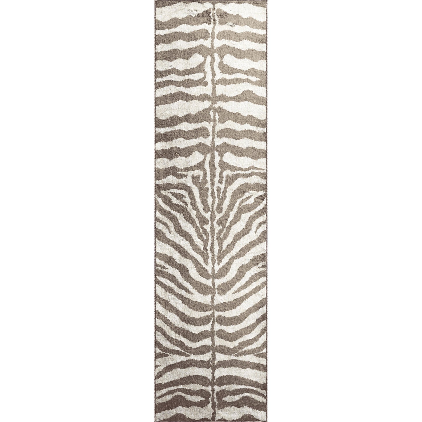 2' X 8' Mocha and Cream Zebra Print Shag Handmade Non Skid Runner Rug