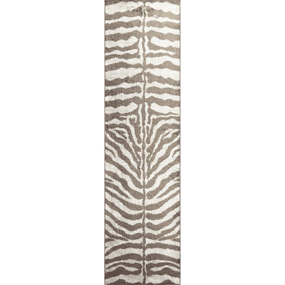 2' X 8' Mocha and Cream Zebra Print Shag Handmade Non Skid Runner Rug