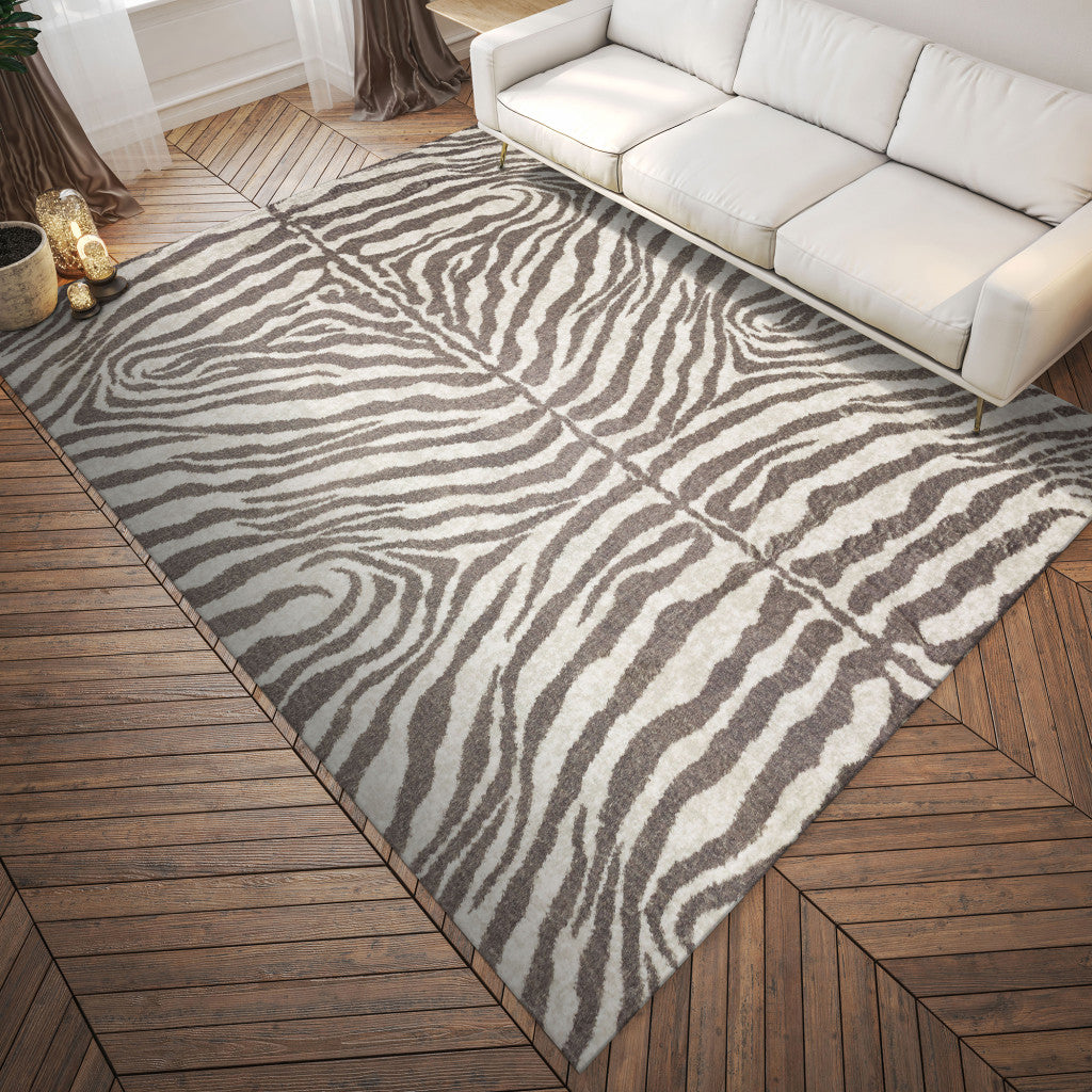 3' X 5' Mocha and Cream Zebra Print Shag Handmade Non Skid Area Rug