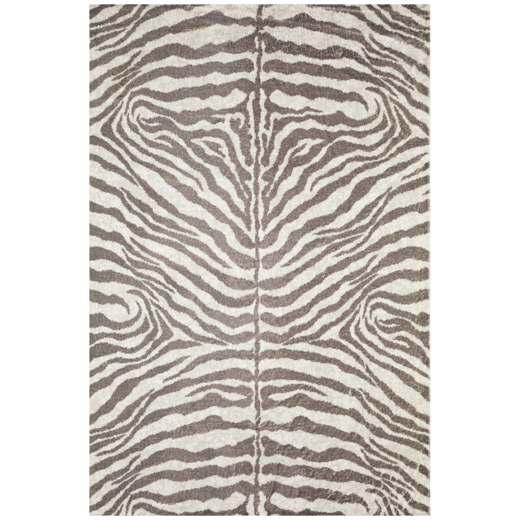 3' X 5' Mocha and Cream Zebra Print Shag Handmade Non Skid Area Rug