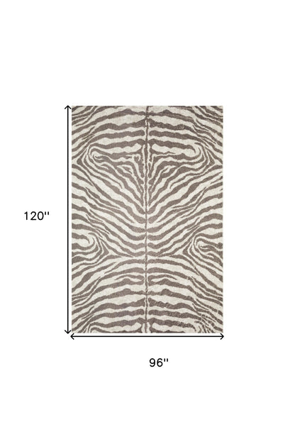 8' X 10' Mocha and Cream Zebra Print Shag Handmade Non Skid Area Rug