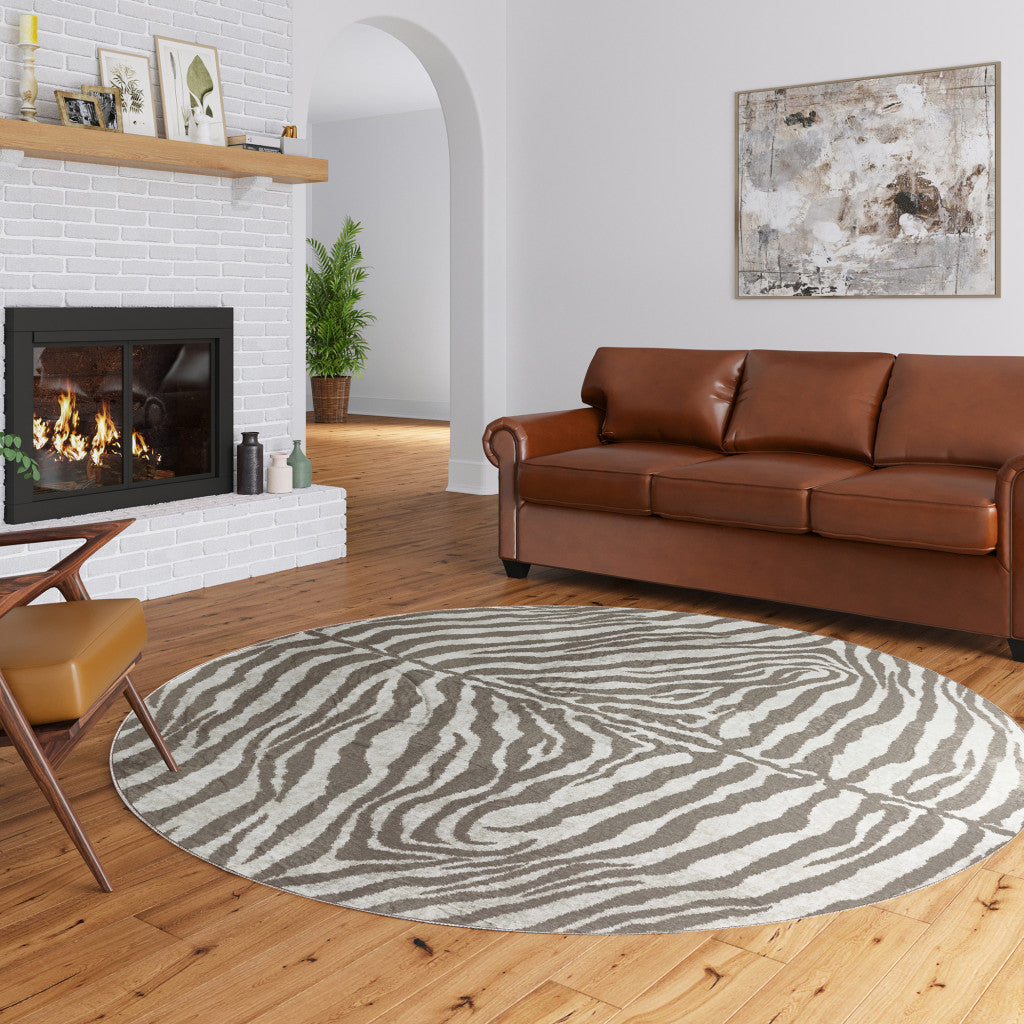 8' X 8' Mocha and Cream Round Zebra Print Shag Handmade Non Skid Area Rug