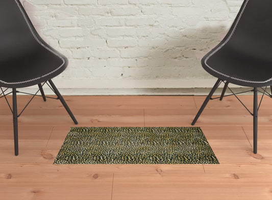 2' X 3' Black and Gold Leopard Print Shag Handmade Non Skid Area Rug