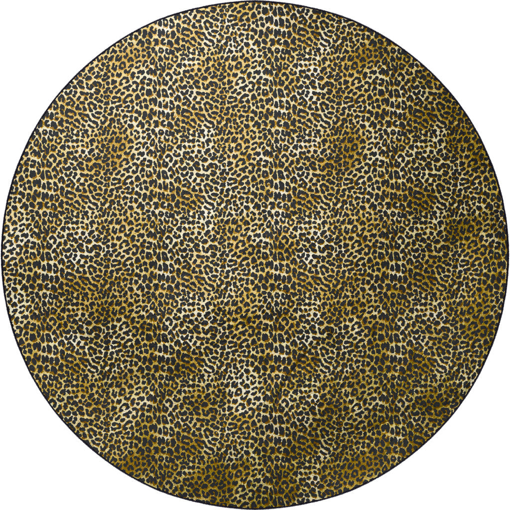 8' X 8' Black and Gold Round Leopard Print Shag Handmade Non Skid Area Rug