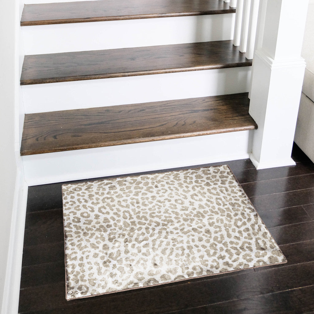 2' X 3' Beige and Cream Leopard Print Shag Handmade Non Skid Area Rug