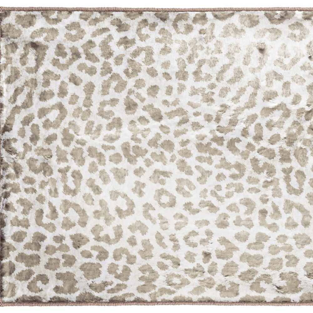 2' X 3' Beige and Cream Leopard Print Shag Handmade Non Skid Area Rug