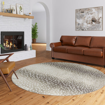 8' X 8' Beige Round Gazelle Print Shag Handmade Non Skid Area Rug