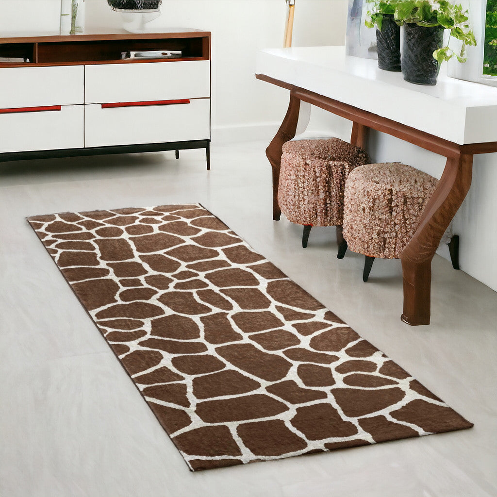 8' Brown and Ivory Animal Print Handmade Non Skid Runner Rug