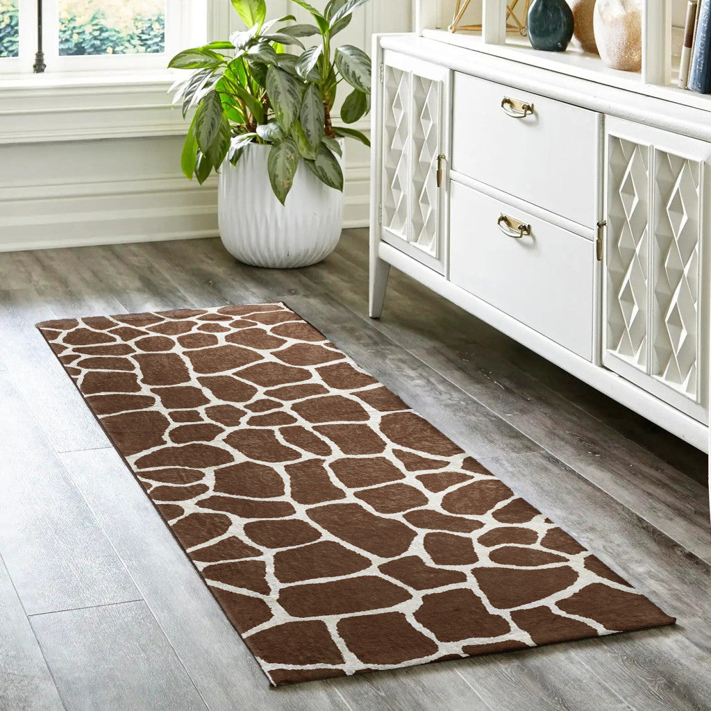 8' Brown and Ivory Animal Print Handmade Non Skid Runner Rug