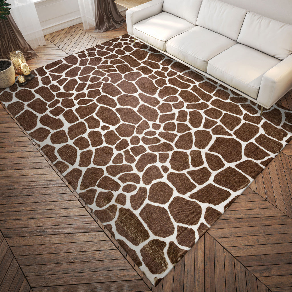 3' X 5' Brown and White Animal Print Shag Non Skid Area Rug