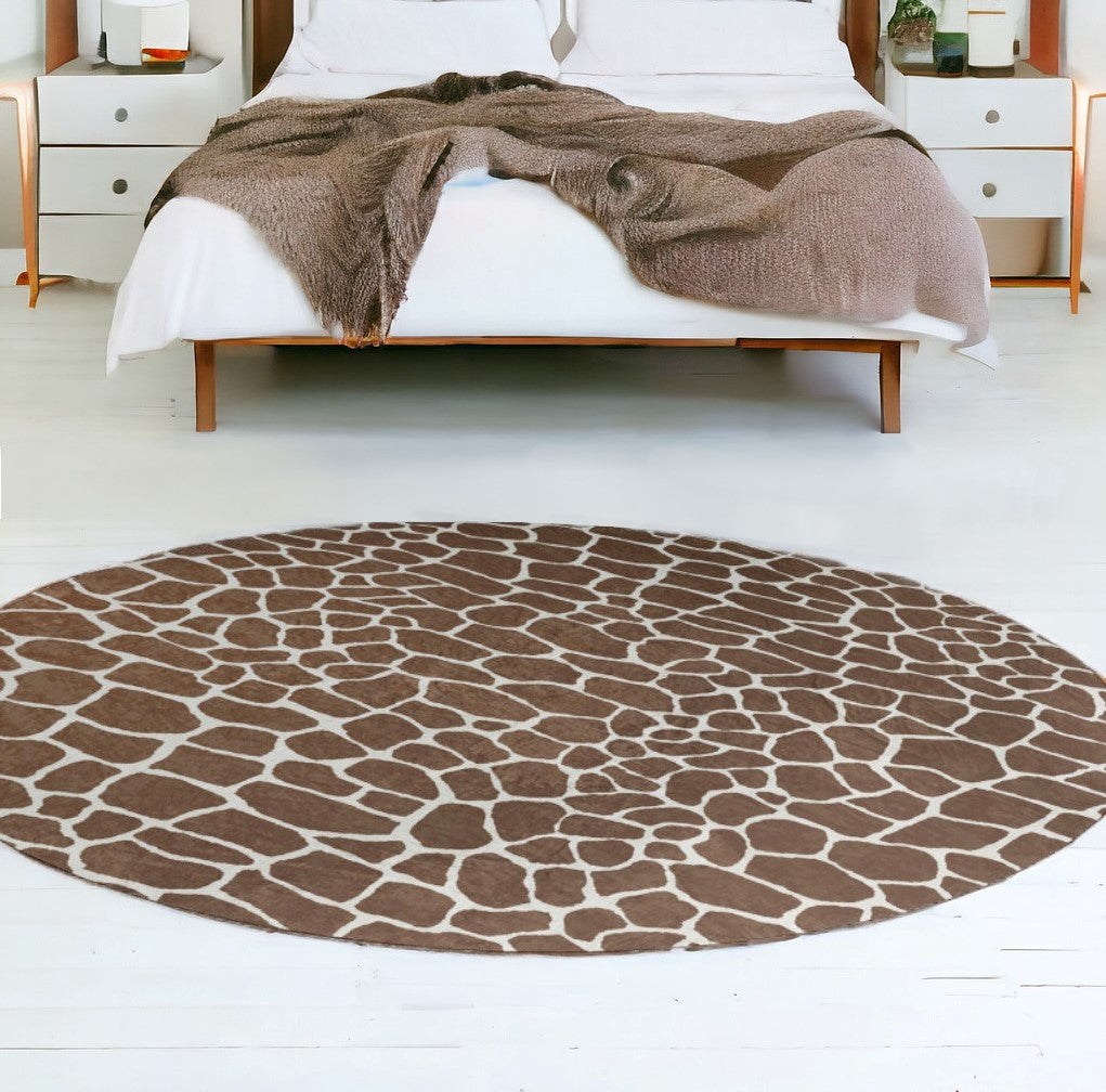 8' Brown and Ivory Round Animal Print Handmade Non Skid Area Rug