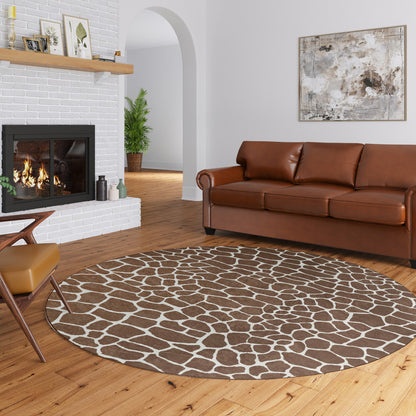 8' Brown and Ivory Round Animal Print Handmade Non Skid Area Rug