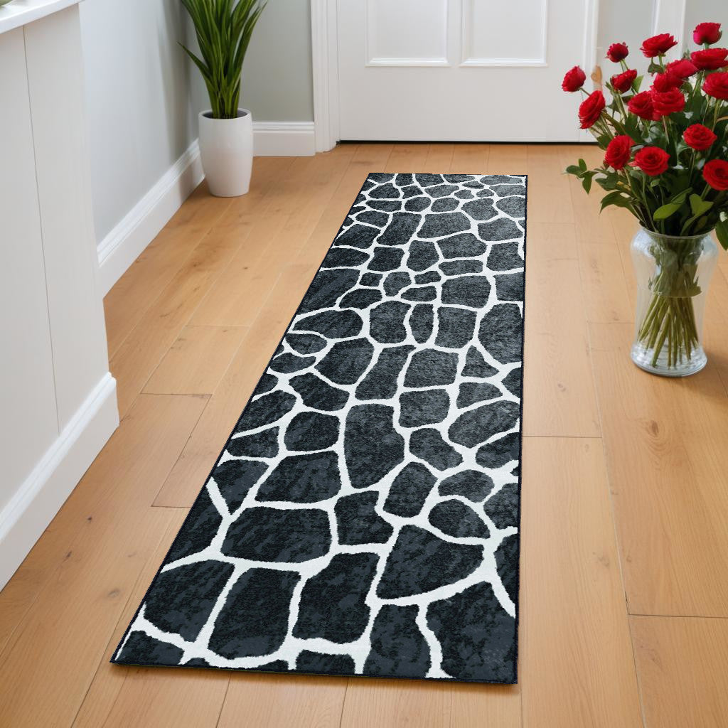 2' X 8' Black and White Croc Print Shag Handmade Non Skid Runner Rug