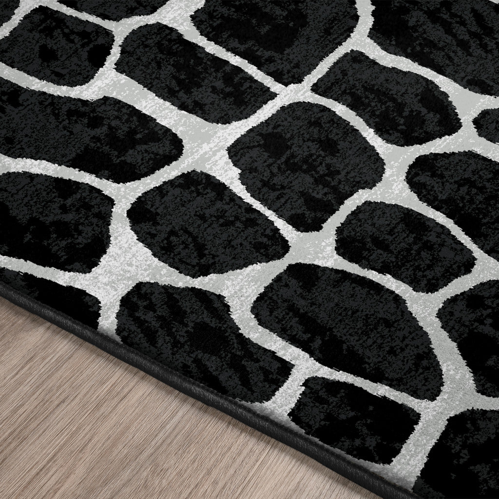 2' X 8' Black and White Croc Print Shag Handmade Non Skid Runner Rug