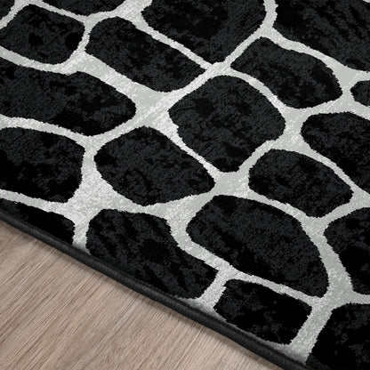 2' X 8' Black and White Croc Print Shag Handmade Non Skid Runner Rug