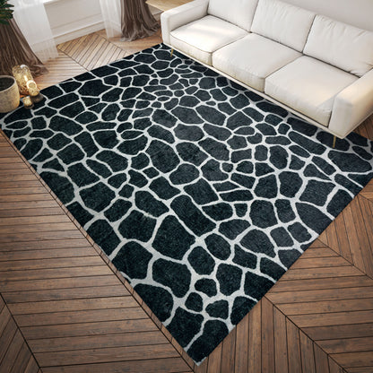 5' X 8' Black and White Croc Print Shag Handmade Non Skid Area Rug