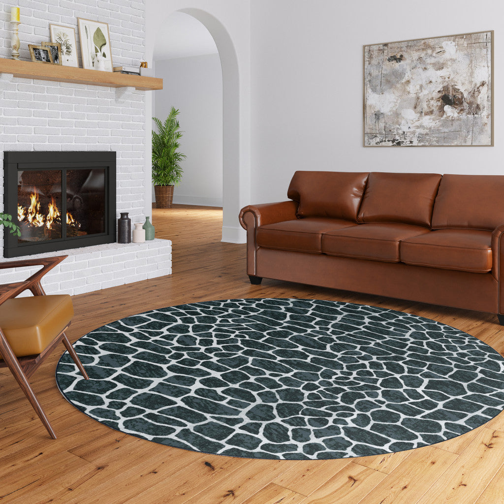 8' X 8' Black and White Croc Round Shag Handmade Non Skid Area Rug