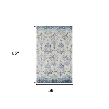 3' X 5' Blue and Ivory Oriental Area Rug