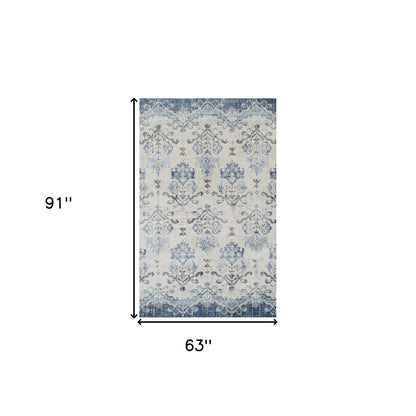 5' X 8' Blue and Ivory Oriental Area Rug