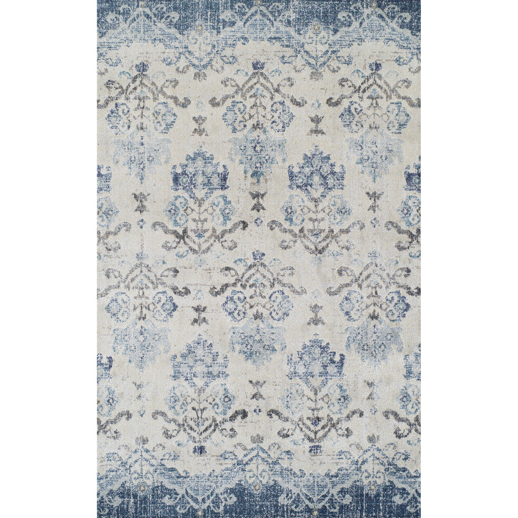 5' X 8' Blue and Ivory Oriental Area Rug